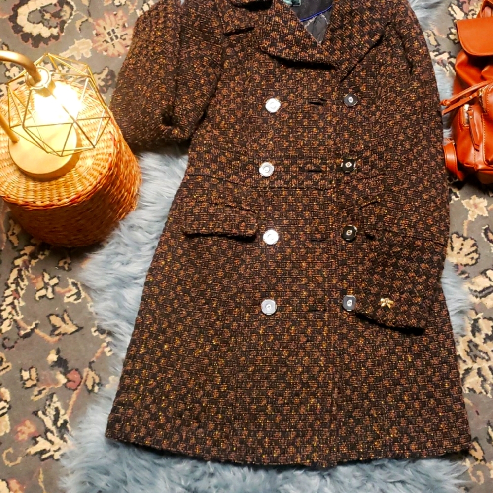 DEPT. Plaid/checked gold/black pattern button down, SMALL/DAINTY MEDIUM peacoat